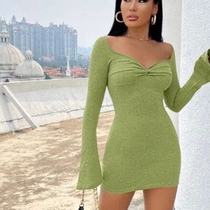 Twist Front Flounce Sleeve Bodycon Dress trumpet sleeves